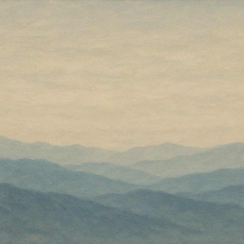 横にひらけた山と空が溶け合う静かな景のAI生成画像(創作画像)