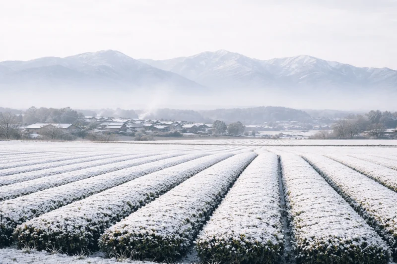 三重県四日市市水沢の雪に覆われた茶畑と鈴鹿山脈のAI生成画像（創作画像）