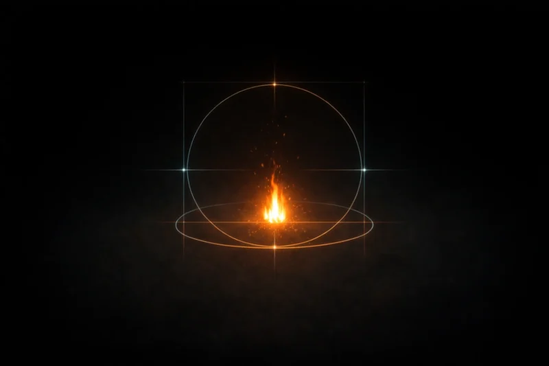 火を囲む見えない枠組み、定義の時代のAI生成画像（創作画像）