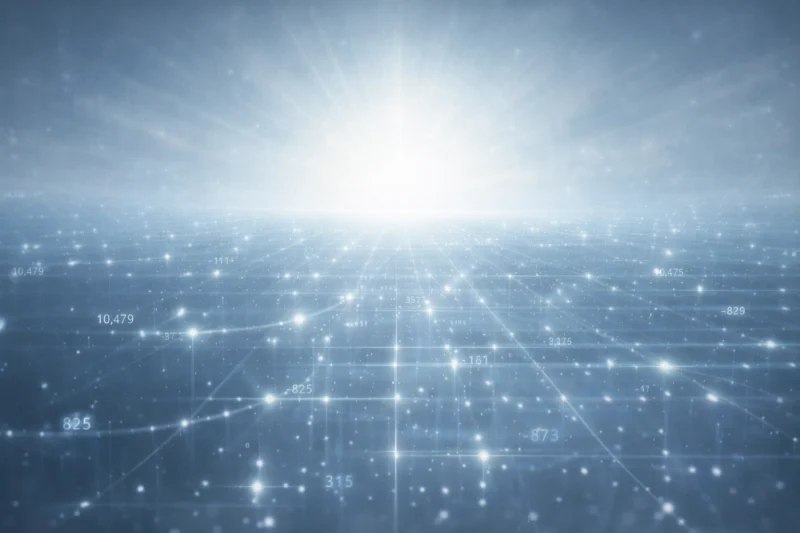 数値と光が整然と重なる進歩の時代のAI生成画像(創作画像)