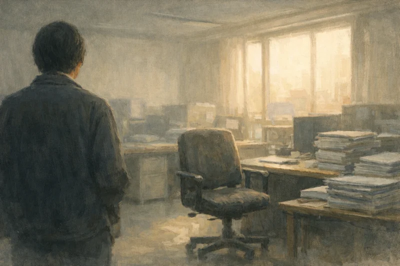 静かな職場に佇む名もない存在のAI生成画像（創作画像）