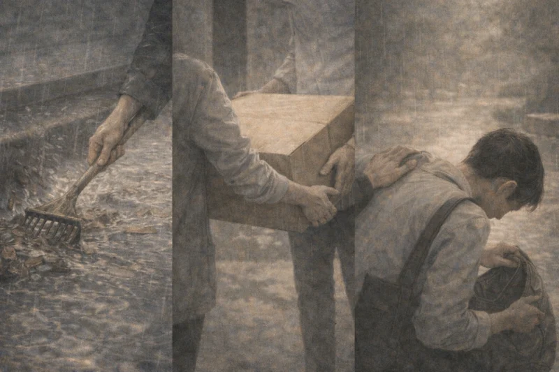 雨の日に静かに差し出される名もなき手のAI生成画像（創作画像）