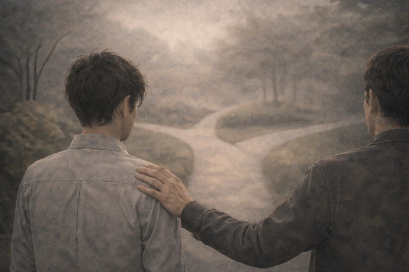 分かれ道の手前に並んで立つ二人のAI生成画像(創作画像)