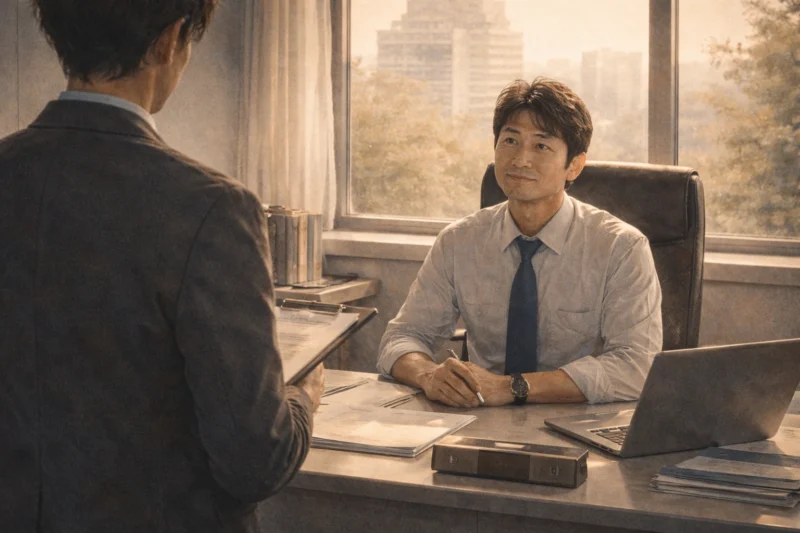 管理職の席で部下と向き合う山本のAI生成画像（創作画像）