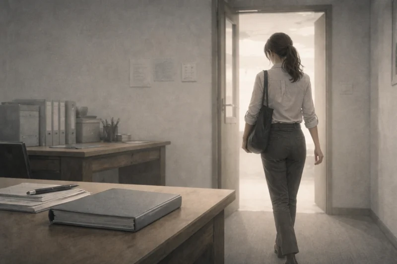 記録ファイルを閉じて部屋から出て行く若い女性社員の後ろ姿のAI生成画像（創作画像）