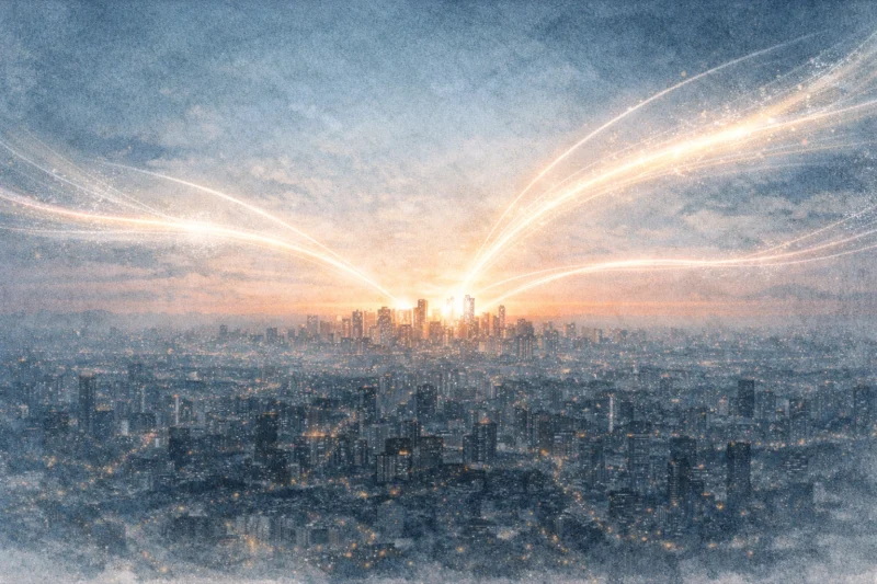 空の流れが一点へ寄っていく都市のAI生成画像（創作画像）