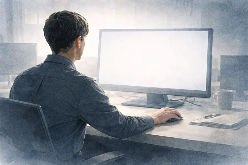 薄くなる画面の光と止まった手元のAI生成画像（創作画像）