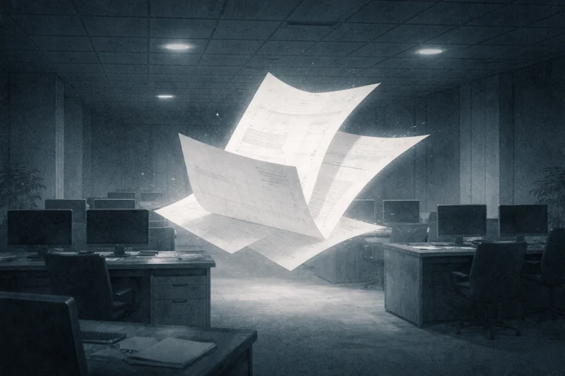 無人フロアに浮かぶ文書の気配のAI生成画像（創作画像）