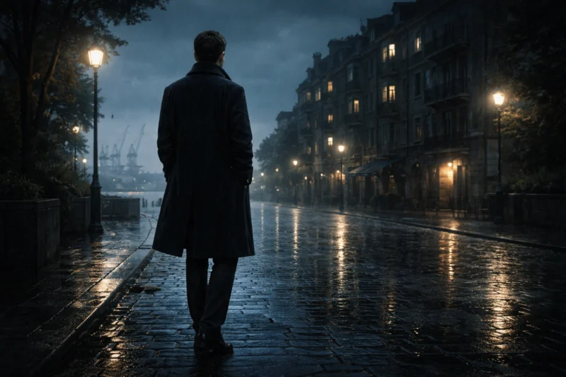 夜の港湾都市で立ち止まる男の背中のAI生成画像（創作画像）