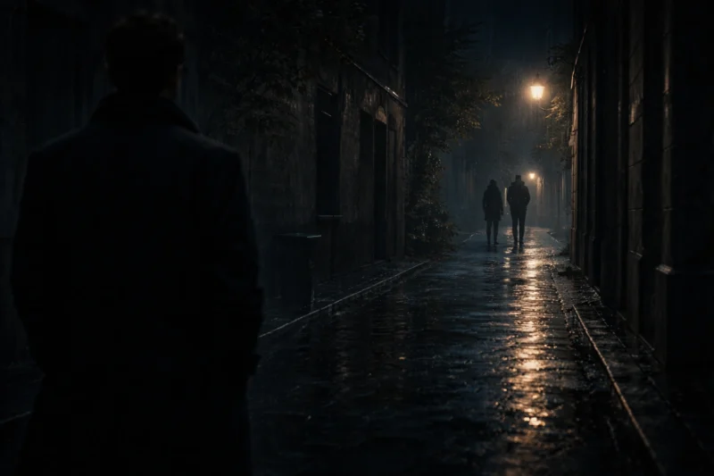 雨上がりの路地に立つ人影のAI生成画像(創作画像)