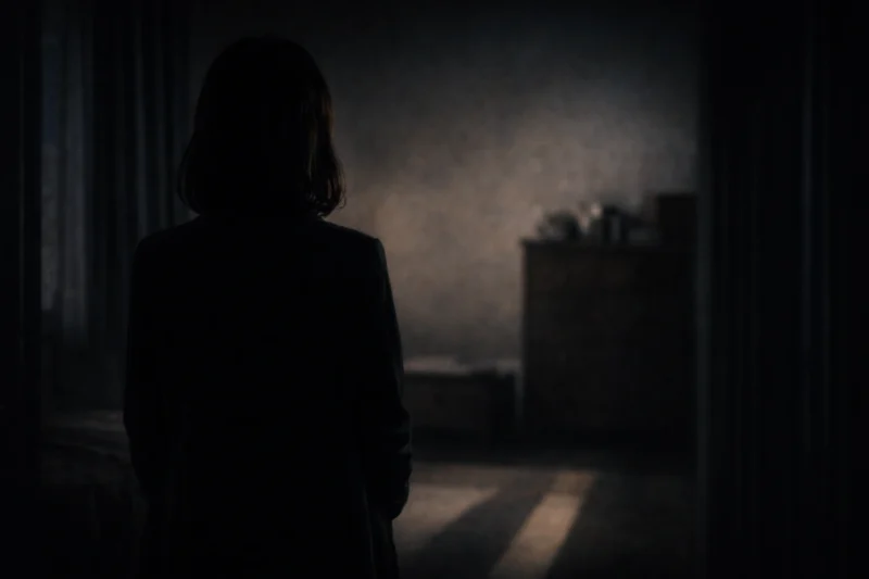 室内で背を向ける女性の姿のAI生成画像（創作画像）