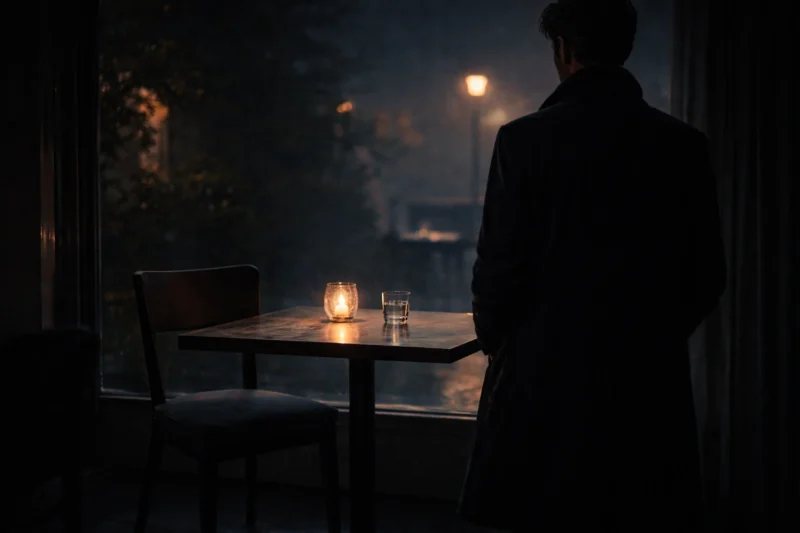 空席を前に立つ男の背中のAI生成画像（創作画像）