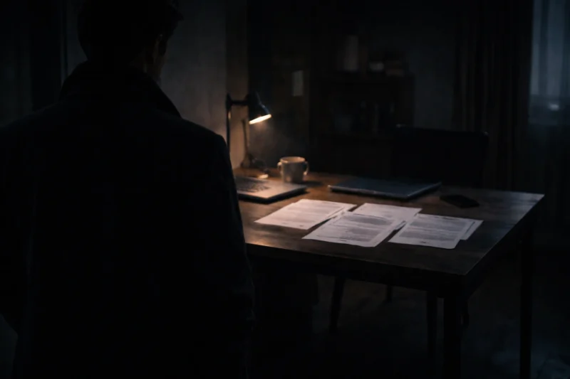 書類のある室内で立つ男の背中のAI生成画像（創作画像）