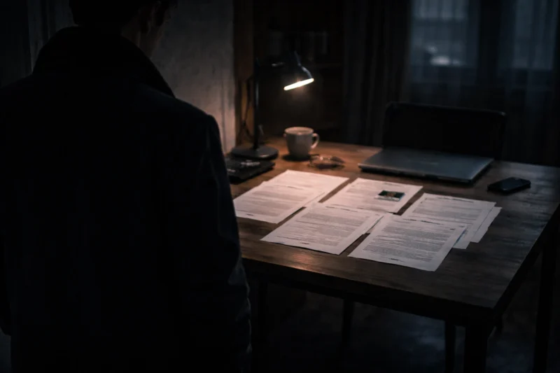 書類を前に立つ男の静かな背中のAI生成画像(創作画像)