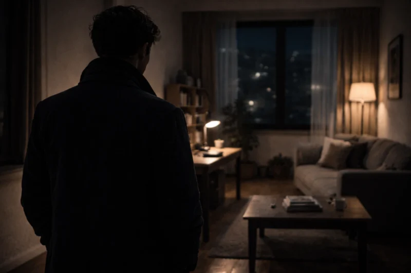 静かな室内に立つ男の背中のAI生成画像（創作画像）