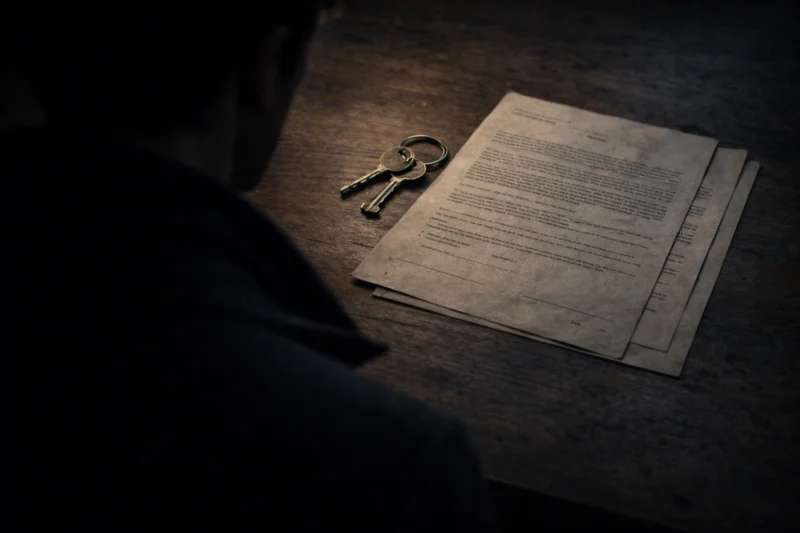 古い鍵と書類を見る男の背中のAI生成画像(創作画像)