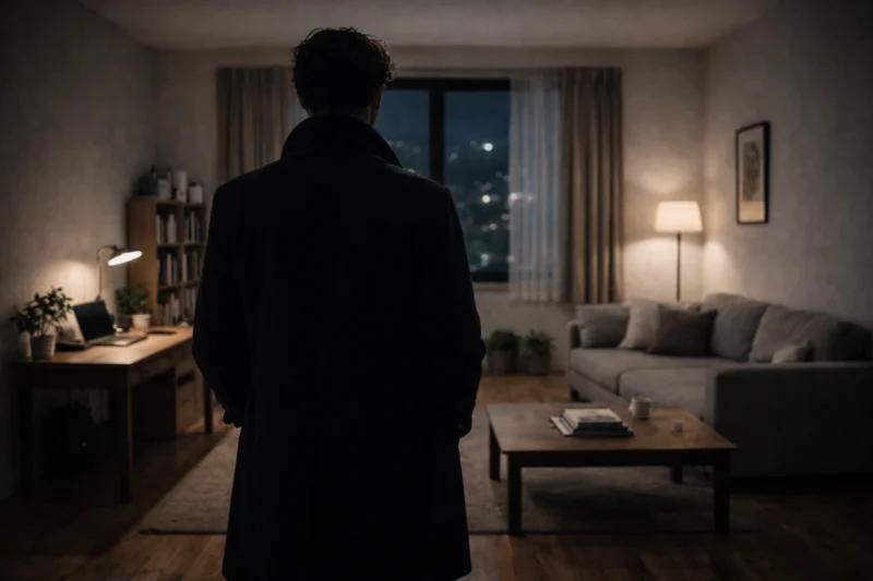 整った部屋に立つ男の後ろ姿のAI生成画像(創作画像)