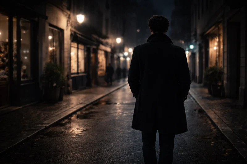 夜の街を歩く男の背中のAI生成画像(創作画像)