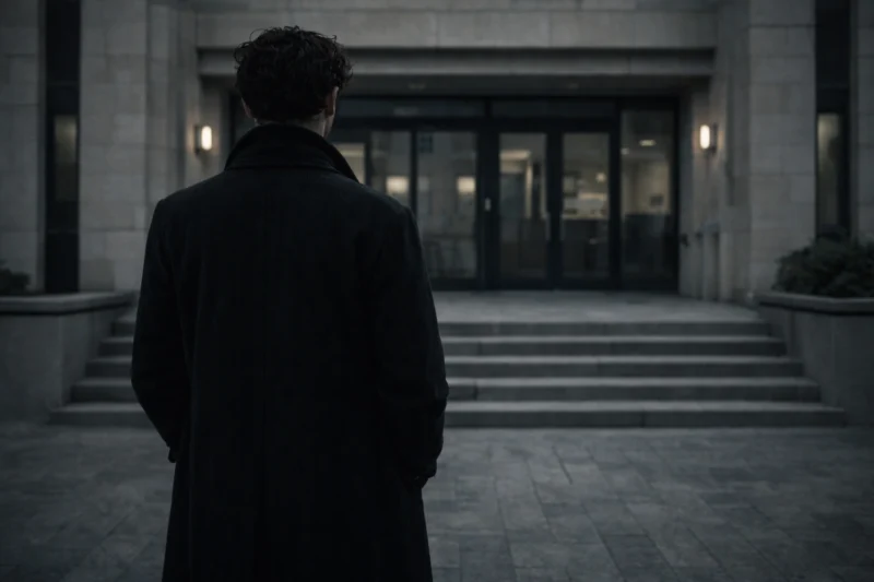 建物前に立つ男の後ろ姿のAI生成画像（創作画像）