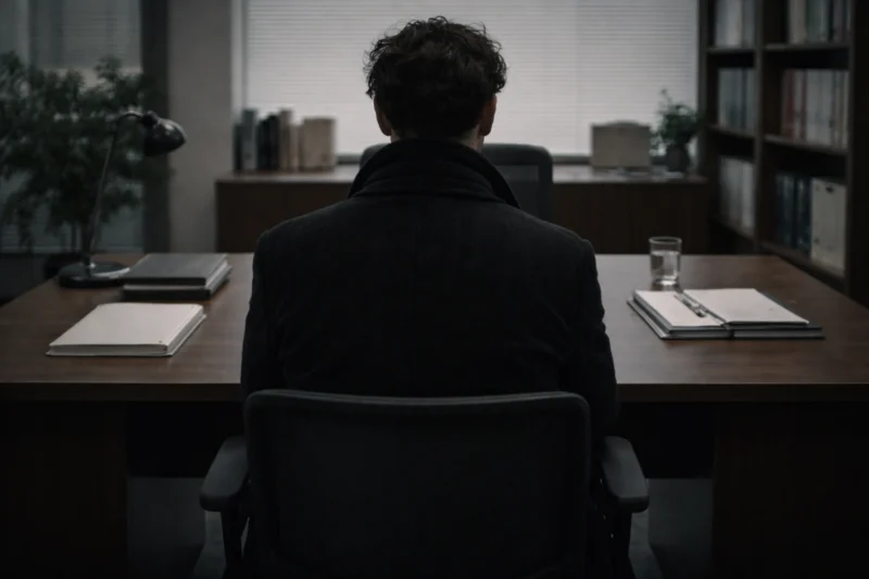 静かな室内で座る男の背中のAI生成画像(創作画像)