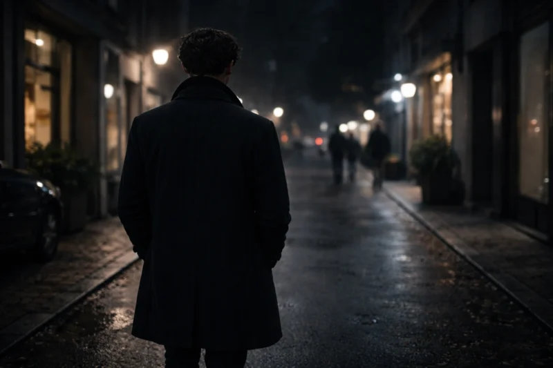 夜道を歩く男の後ろ姿のAI生成画像(創作画像)