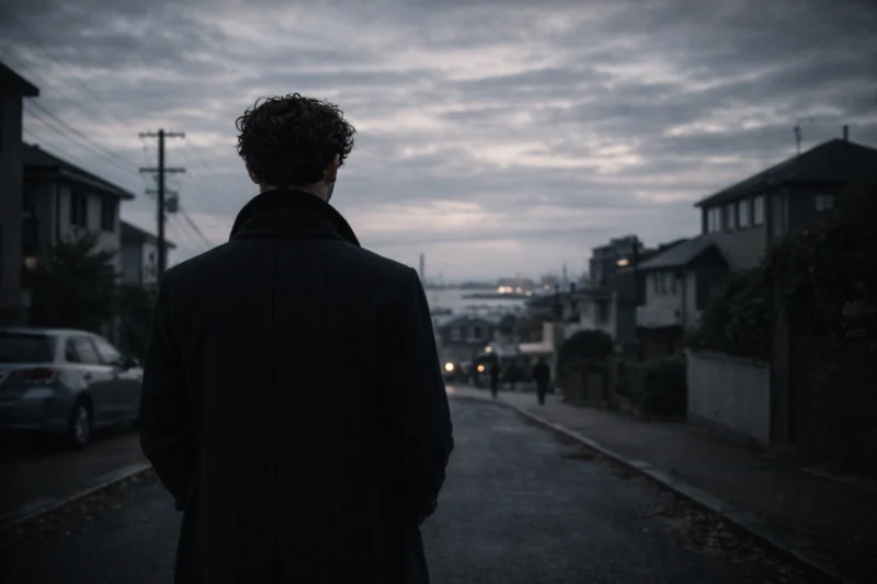 街を歩く男の後ろ姿のAI生成画像（創作画像）