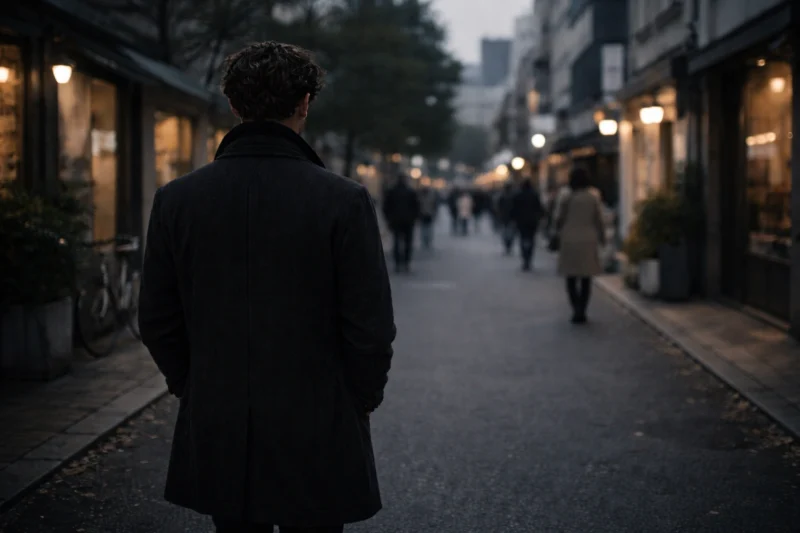 日常の中に立つ男の背中のAI生成画像(創作画像)