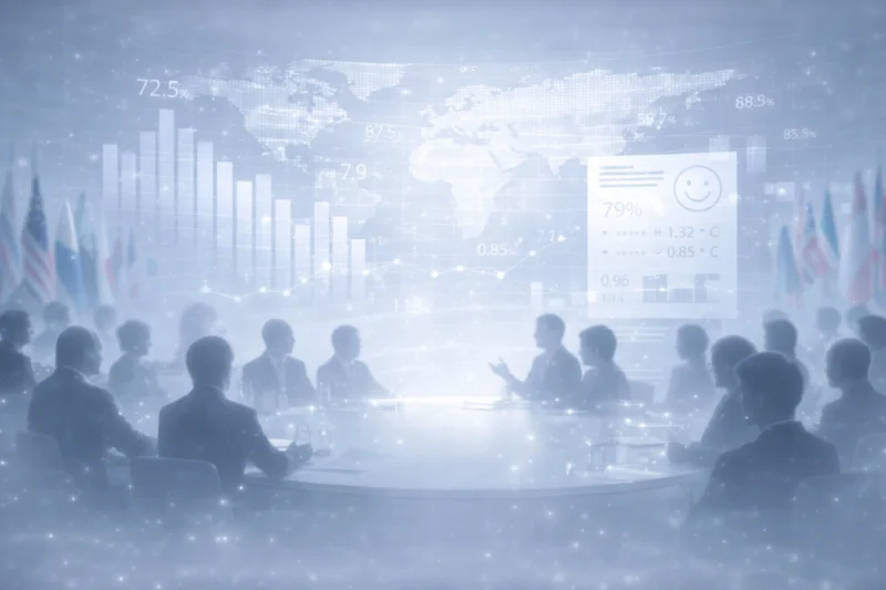 数値と光で示される幸福指標の時代における世界会議のAI生成画像(創作画像)