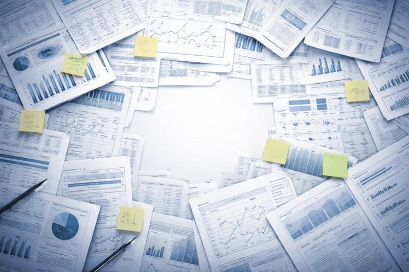 複数の文書・図表・線が重なり合い中央に小さな空白があるAI生成画像（創作画像）