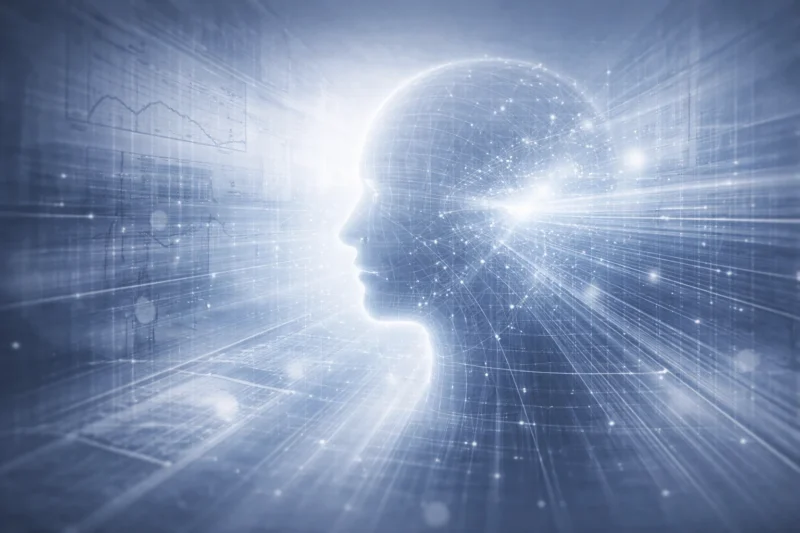 AIを取り巻く均一な明るさで影のない抽象空間のAI生成画像（創作画像）