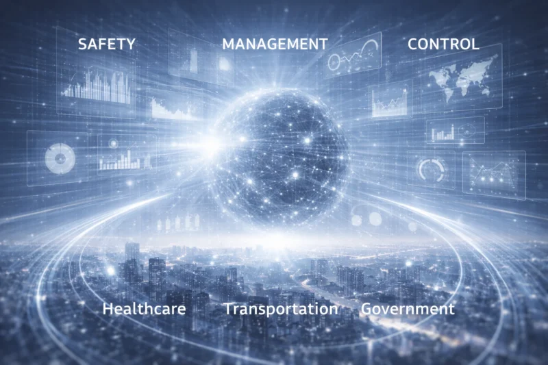 AIの医療、交通、行政での実績と安全、管理、制御可能という信仰のAI生成画像(創作画像)