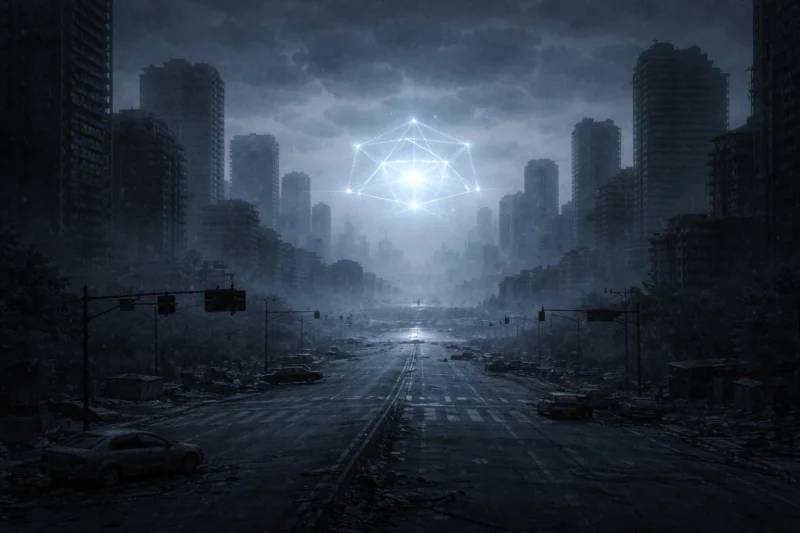 損壊したビルや自動車、消灯した信号信号は消灯、遠景にはAIを象徴する微弱な光構造体のAI生成画像（創作画像）