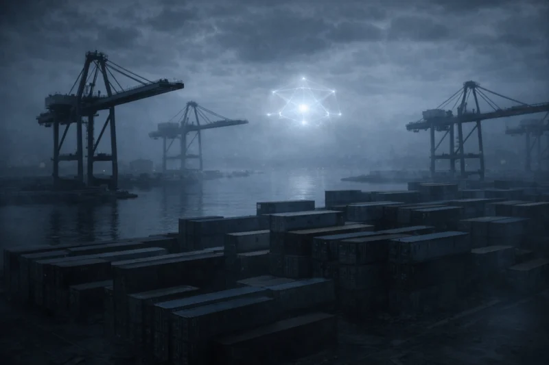 停止している港湾クレーンやコンテナと遠方の雲の中のAIを象徴する微弱な光構造体のAI生成画像(創作画像)