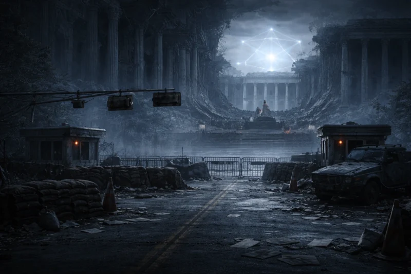 地面に散乱した書類や布片、崩れかけた都市封鎖ゲート、半壊した議事堂のAI生成画像(創作画像)
