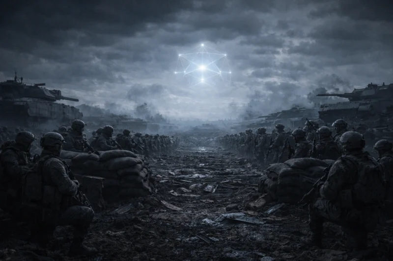 対峙したまま戦闘を停止した幸福圏側と非幸福圏側の兵士と戦車のAI生成画像（創作画像）