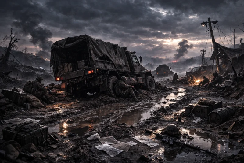 泥濘化した地面の上で傷つき疲弊して座り込む兵士と動かない補給車両のAI生成画像（創作画像）
