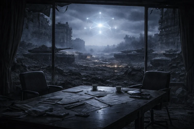 破壊された都市の会議室、停止した戦車、曇天の中の淡い光構造体のAI生成画像（創作画像）