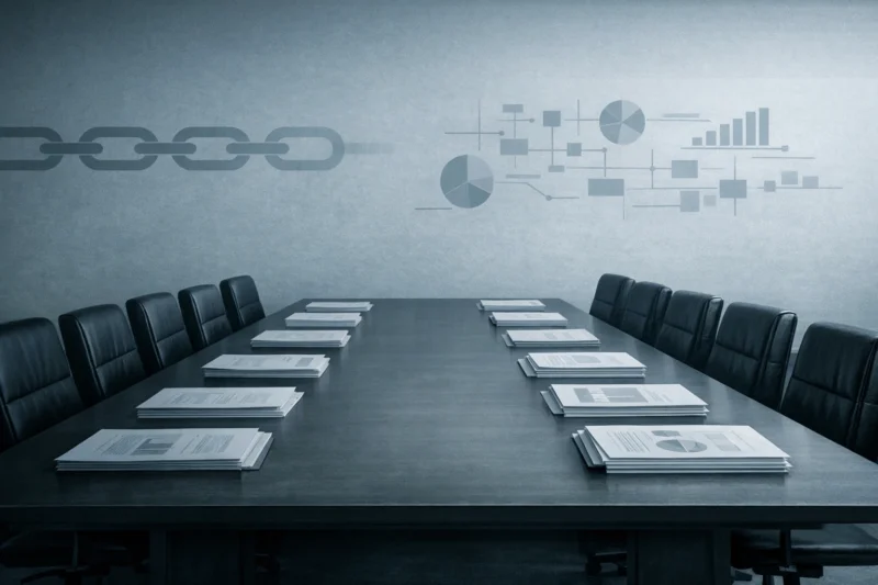 制度化直前の無人会議室に資料だけが置かれたAI生成画像（創作画像）