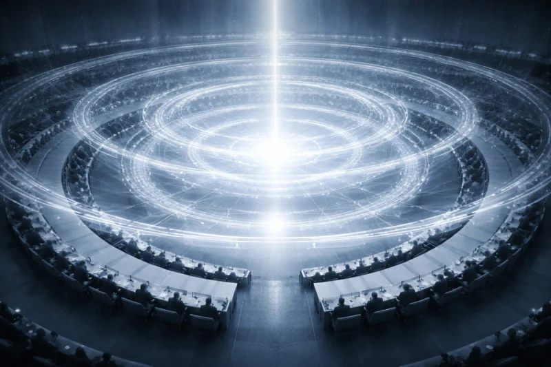 国際議場の中心に光核があり、その周囲を透明な環状構造が取り囲むAI生成画像（創作画像）