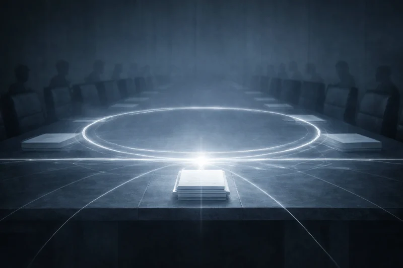 会議卓の上の書類から光の線が空間に広がるAI生成画像(創作画像)