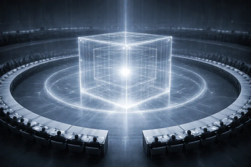 会議場の中央に光と幾何学的構造が均衡を保つ抽象構図のAI生成画像(創作画像)