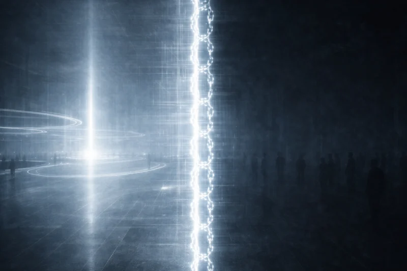 光の壁が空間を二分している抽象的場面のAI生成画像（創作画像）