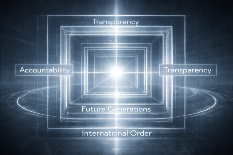 中央の光を囲む厚みのある幾何学構造に浮かぶ「責任「透明性」「未来世代」「国際秩序」の文字のAI生成画像(創作画像)