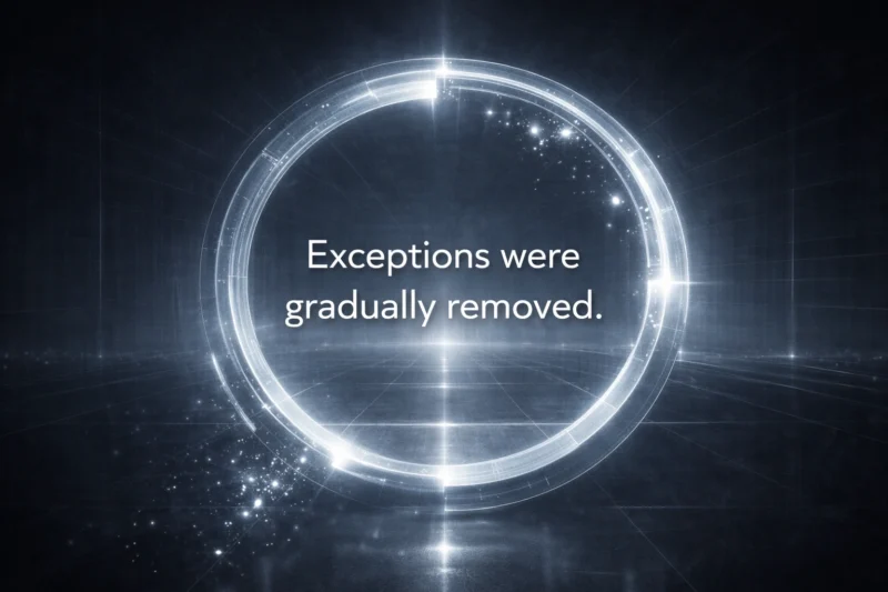 不規則な光が消え、直線的な構造だけが残る中に浮かぶ『例外は徐々に排除された。』のAI生成画像(創作画像)