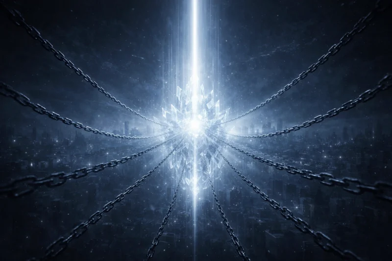 鎖に囲まれた冷たいAIを象徴する光核のAI生成画像（創作画像）