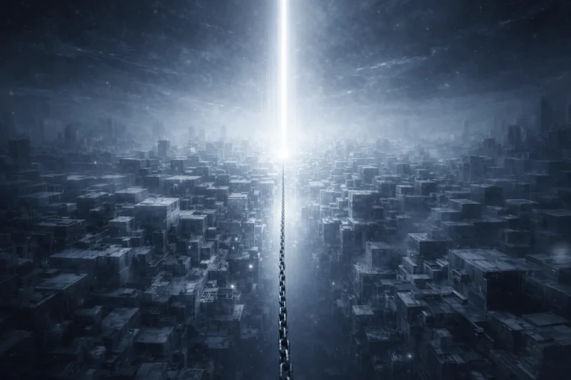 多層都市を分断する一本の光線と鎖のAI生成画像（創作画像）