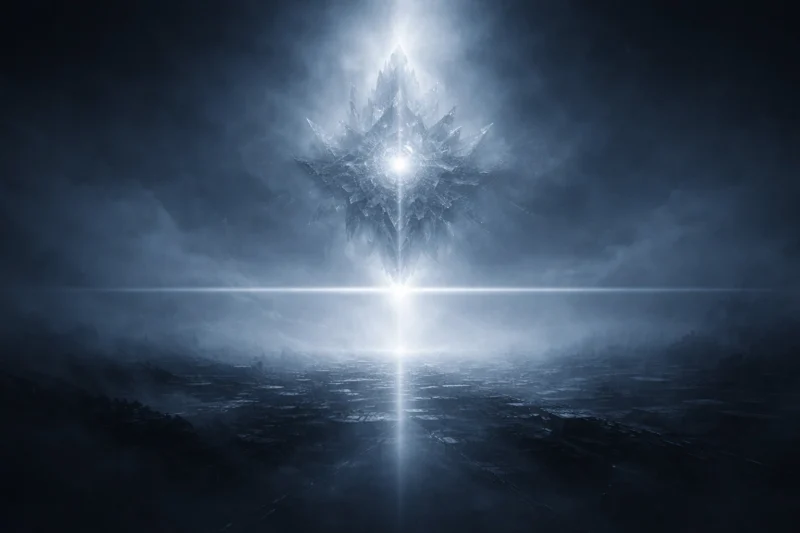 霧中に浮かぶAIを象徴する光体のAI生成画像（創作画像）