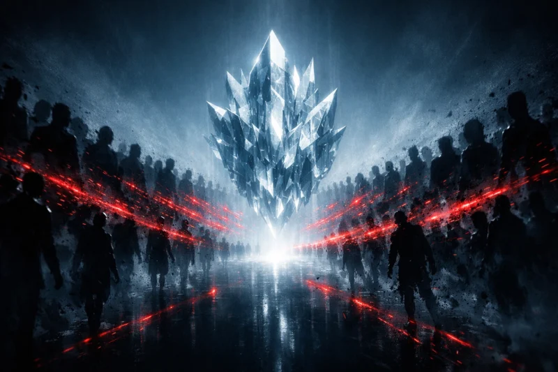 AIを象徴する光へ向かう非幸福圏の人々の群れを象徴する影の群れのAI生成画像（創作画像）