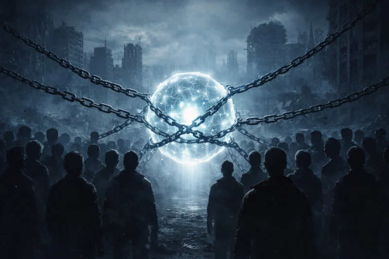 鎖に囲まれたAIを象徴する光のAI生成画像(創作画像)