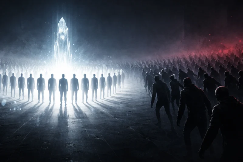 対峙する非幸福圏の人々を象徴する影と、中央のAIを象徴する光の前に立つ幸福圏の人々を象徴する影のAI生成画像(創作画像)